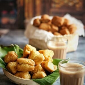 Home Close-up of crispy fried snacks served with hot chocolate in a cozy setting.